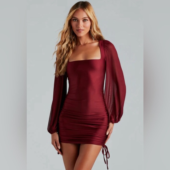 Windsor Dresses & Skirts - Windsor Elevated Puff Sleeve Ruched Mini Dress, Red, small